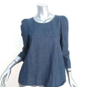 THE GREAT. Denim Puff Shoulder Top size 3